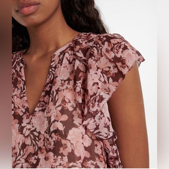 Velvet Women’s Size Large Red Pink Romantic Ruffled Floral Print Viscose Shirt - Picture 3 of 14